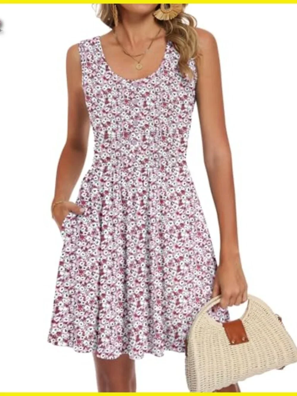 Sleeveless Button Down Dress Elastic Empire Waist Smocked Mini Casual Chic